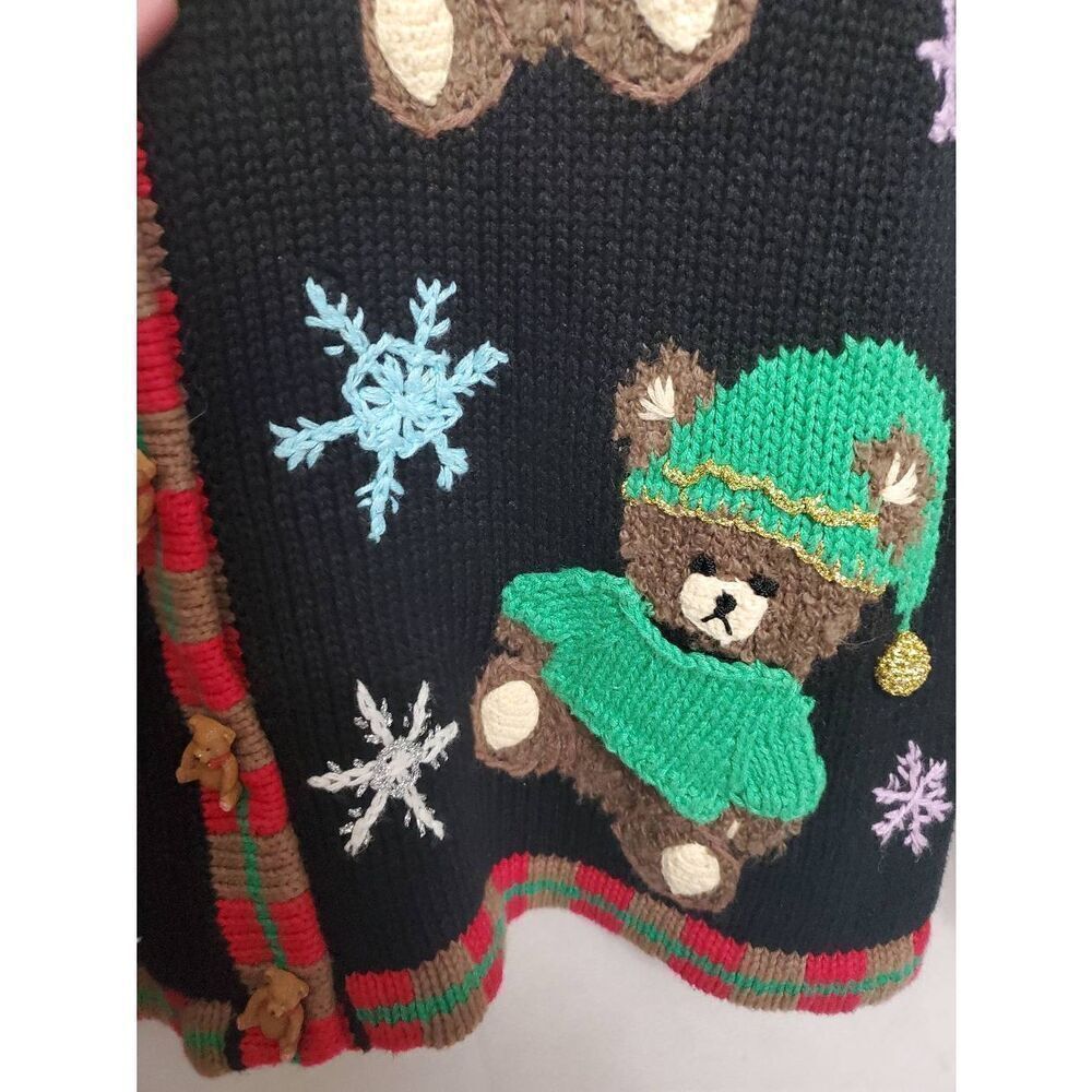 Storybook Knits Vintage Christmas Teddy Bears Ugly Cardigan V Neck Sweater - Picture 8 of 14